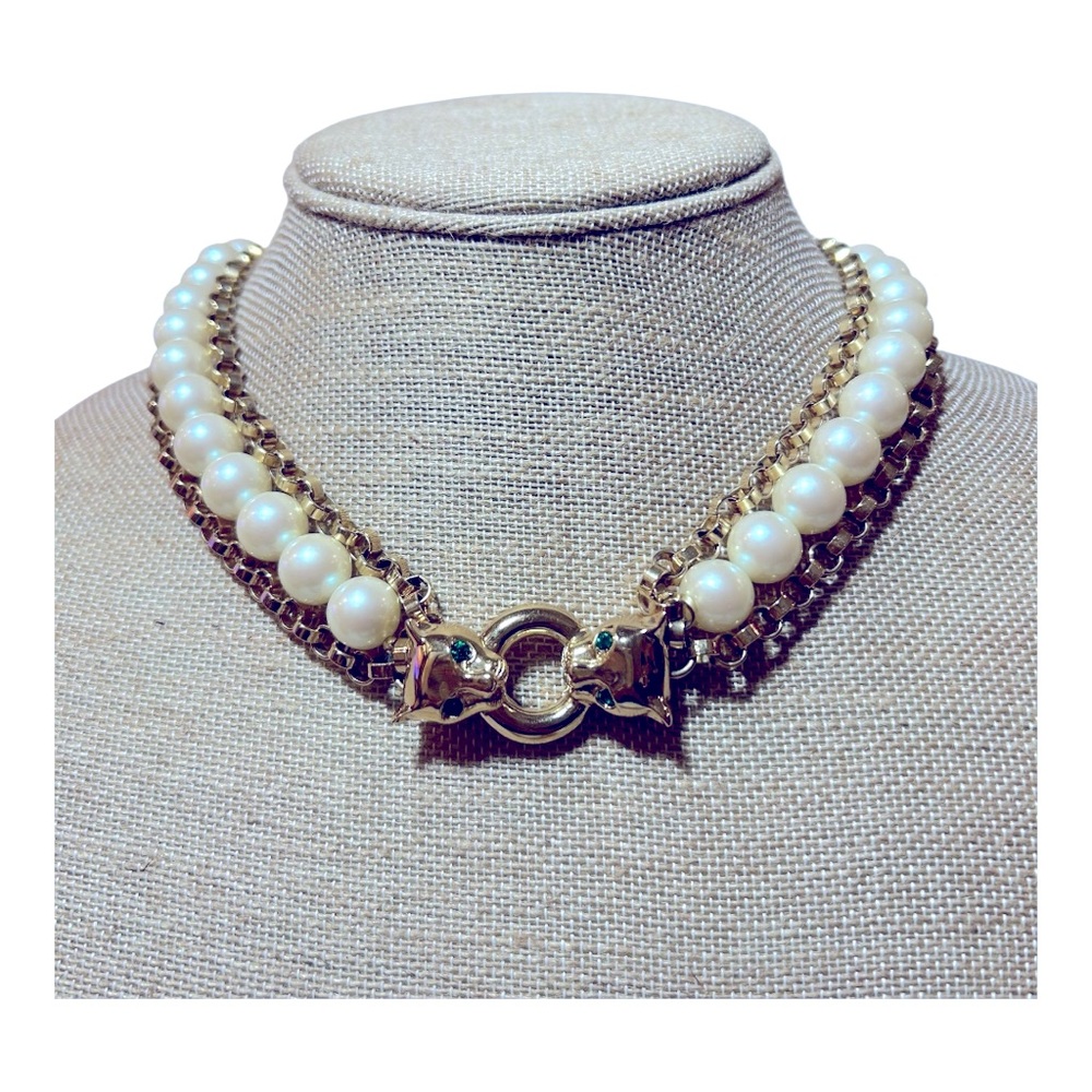 Rare Vintage Givenchy Multi Strand Gold Link and Faux Pearl Panther Necklace